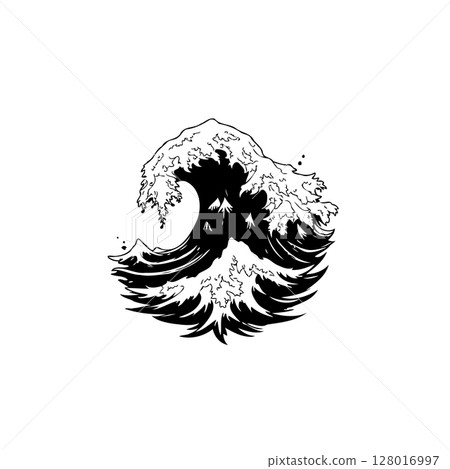 Dramatic ocean wave illustration in black and white minimal style vector design Dramatic ocean wave illustration in black and white minimal style vector design 128016997