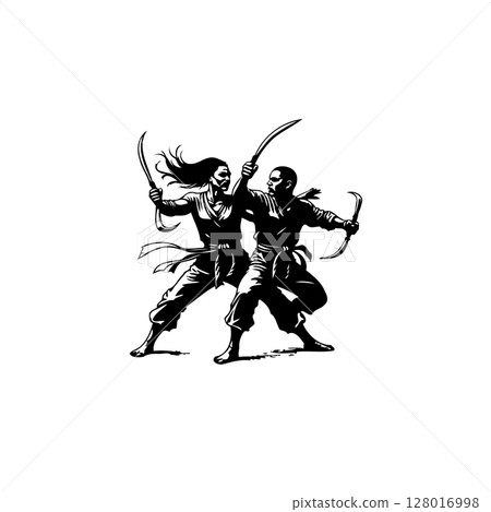 Dynamic Martial Arts Duo: Woman and Man in Fierce Sword Combat Illustration Dynamic Martial Arts Duo: Woman and Man in Fierce Sword Combat Illustration 128016998