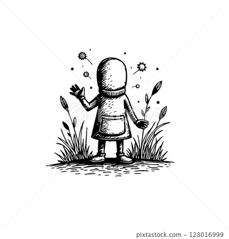 Hand-Drawn Illustration of a Person Suffering from Allergies Surrounded by Pollen Hand-Drawn Illustration of a Person Suffering from Allergies Surrounded by Pollen 128016999
