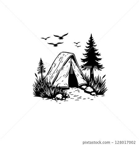 Stylized camping adventure: A black and white minimalist nature escape depiction Stylized camping adventure: A black and white minimalist nature escape depiction 128017002