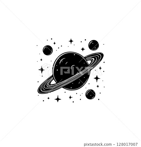 Monochrome depiction of saturn with rings surrounded by moons and starfield 128017007