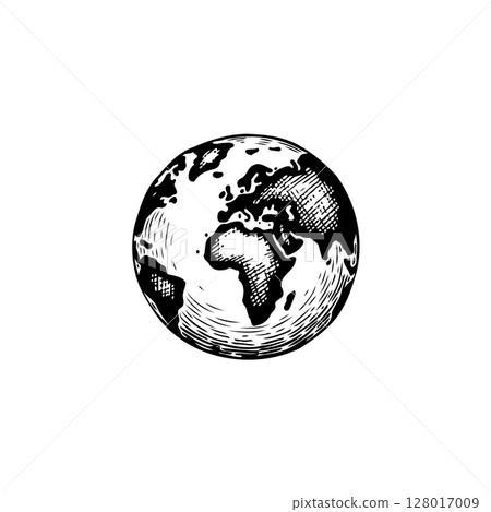 Detailed monochrome sketch of planet earth showcasing continents and oceans 128017009