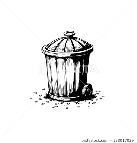 Detailed sketch of a vintage-style trash can with lid and wheels on white background Detailed sketch of a vintage-style trash can with lid and wheels on white background 128017029