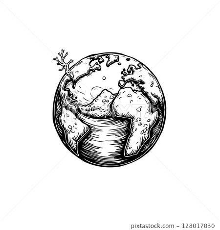 Monochrome earth illustration depicting environmental concern and fragility of nature 128017030