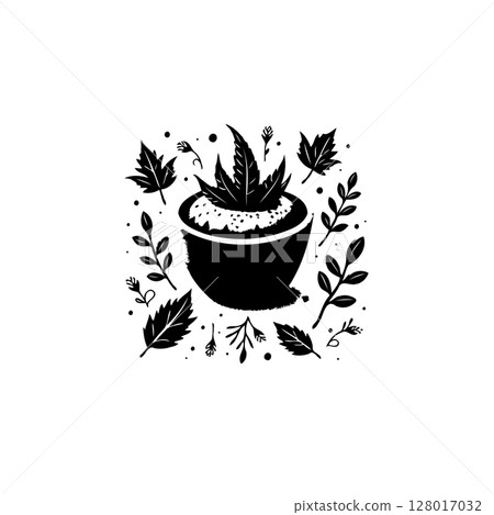 Artistic black and white illustration of a plant in a pot surrounded by leaves 128017032