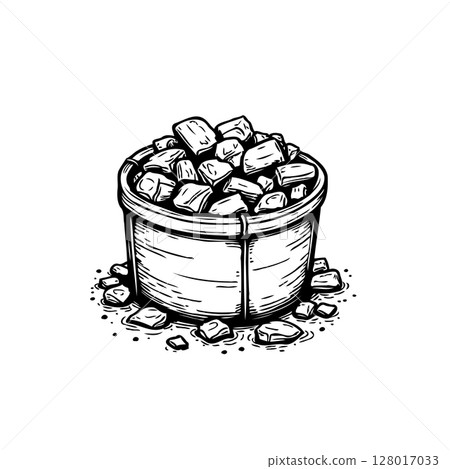 Stylized illustration of a bucket filled with rocks against a white background Stylized illustration of a bucket filled with rocks against a white background 128017033