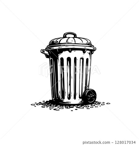 Detailed sketch of a trash can with lid and wheel for waste disposal concept 128017034