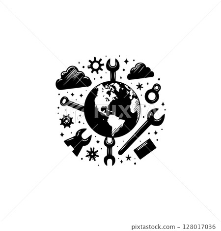 Global Maintenance and Repair Illustration with Tools and World Map Graphic Global Maintenance and Repair Illustration with Tools and World Map Graphic 128017036