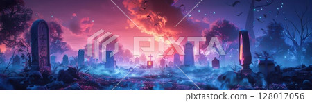 3D scene of a spooky graveyard with digital skeletons and glowing tombstones, eerie and vibrant atmosphere 3D scene of a spooky graveyard with digital skeletons and glowing tombstones, eerie and vibrant atmosphere 128017056