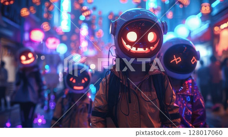 Digital illustration of a group of kids in futuristic Halloween costumes, neon lights, and holographic decorations 128017060