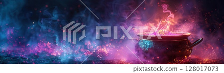 Digital painting of a witch s cauldron with glowing neon potions and holographic smoke, magical and eerie Digital painting of a witch s cauldron with glowing neon potions and holographic smoke, magical and eerie 128017073