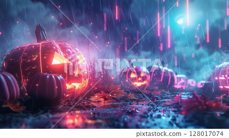 Futuristic 3D scene of a digital pumpkin patch with holographic pumpkins and neon light effects, modern Halloween atmosphere Futuristic 3D scene of a digital pumpkin patch with holographic pumpkins and neon light effects, modern Halloween atmosphere 128017074