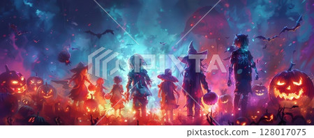 Watercolor depiction of a Halloween party with children in vibrant costumes, surrounded by soft light effects Watercolor depiction of a Halloween party with children in vibrant costumes, surrounded by soft light effects 128017075