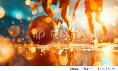 Close-up of a basketball game with blurred players and a bokeh background. 128017079