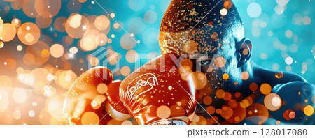 Close-up of a boxer's face with bokeh lights. 128017080