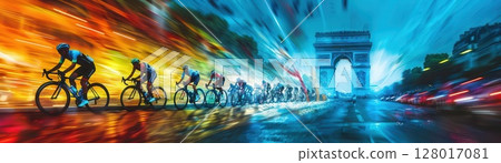 Cyclists race through an abstract city landscape. 128017081