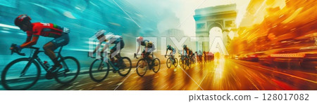 Cyclists racing past an iconic monument. Blurred motion effect adds to the sense of speed. Cyclists racing past an iconic monument. Blurred motion effect adds to the sense of speed. 128017082