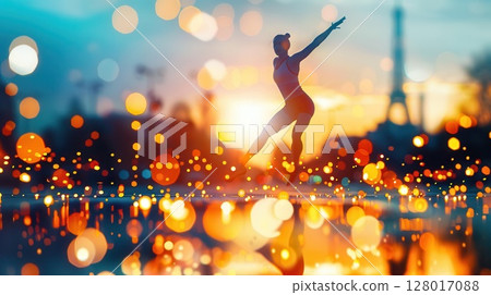 Silhouette of a dancer against a backdrop of city lights and a colorful sunset. 128017088