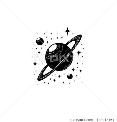 Elegant saturn planet illustration with sparkling stars and orbiting moons 128017164