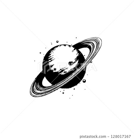 Monochrome Illustration of a Planet with Rings in the Vastness of Space 128017167
