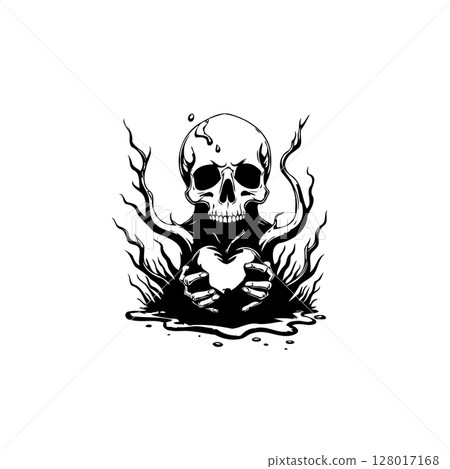 Intricate monochrome illustration of a skull holding a heart surrounded by roots Intricate monochrome illustration of a skull holding a heart surrounded by roots 128017168