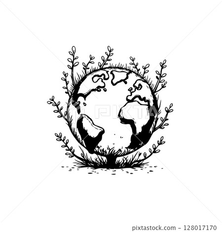 Earth Day illustration depicting a sustainable planet with growing plants all around 128017170