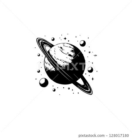 Minimalist Black and White Illustration of Saturn with Rings and Stars Design 128017180