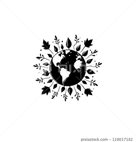 Earth day illustration featuring a black and white world globe surrounded by foliage 128017182