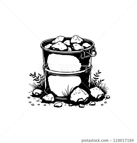 Monochrome illustration of a container brimming with rocks surrounded by foliage 128017184
