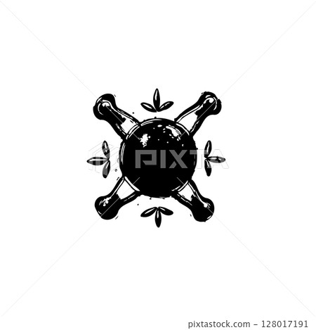 Stylized skull and crossbones emblem in black and white with vintage aesthetic design Stylized skull and crossbones emblem in black and white with vintage aesthetic design 128017191