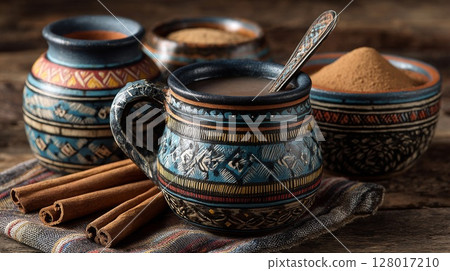 Dark Blue Ornate Mugs with Cinnamon Sticks and Chocolate Powder 128017210
