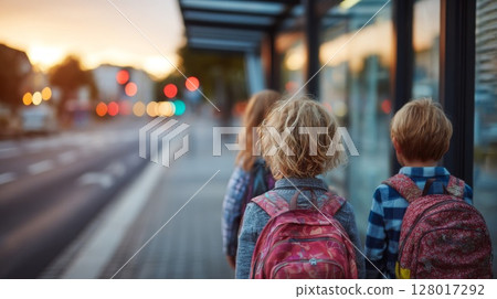 Two Children with Backpacks Wait at a City Bus Stop at Sunset 128017292