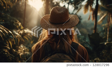 Woman in Straw Hat Exploring Lush Tropical Jungle at Sunset Woman in Straw Hat Exploring Lush Tropical Jungle at Sunset 128017296