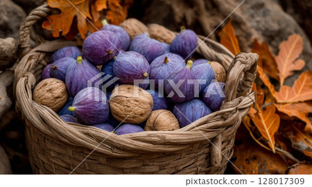 Purple Figs and Walnuts in Rustic Basket Autumn Harvest 128017309