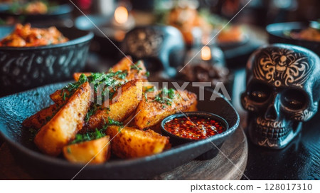 Roasted Potato Wedges with Spicy Sauce and Skull Decor 128017310
