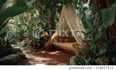 Relaxing Daybed Under Canopy in Lush Tropical Garden Relaxing Daybed Under Canopy in Lush Tropical Garden 128017333