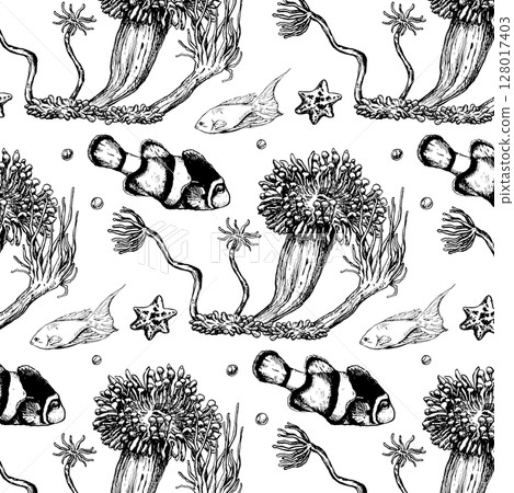 Seamless vector pattern with fish, anemones and underwater world. 128017403