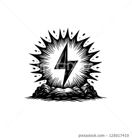 Powerful energy surge: dramatic lightning strike with explosive impact illustration Powerful energy surge: dramatic lightning strike with explosive impact illustration 128017410
