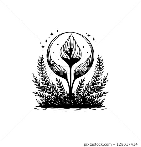 Elegant floral emblem design with celestial elements in a modern black and white style 128017414