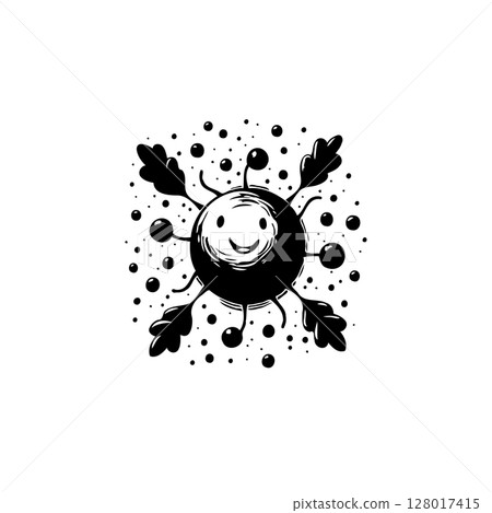 Whimsical black and white hand-drawn microbe with a happy face and leaf accents Whimsical black and white hand-drawn microbe with a happy face and leaf accents 128017415