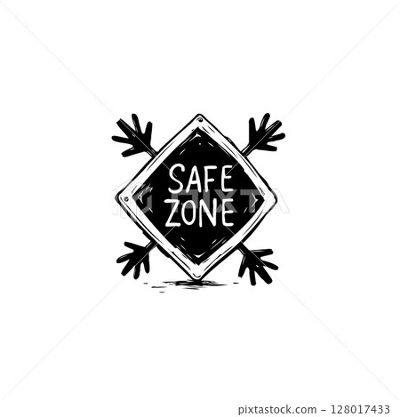 Black and white illustration of a safe zone sign with hand-like extensions Black and white illustration of a safe zone sign with hand-like extensions 128017433