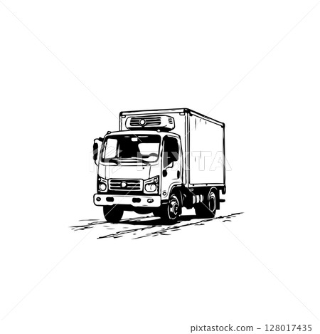Monochrome illustration of a delivery truck with detailed line work and clear presentation Monochrome illustration of a delivery truck with detailed line work and clear presentation 128017435
