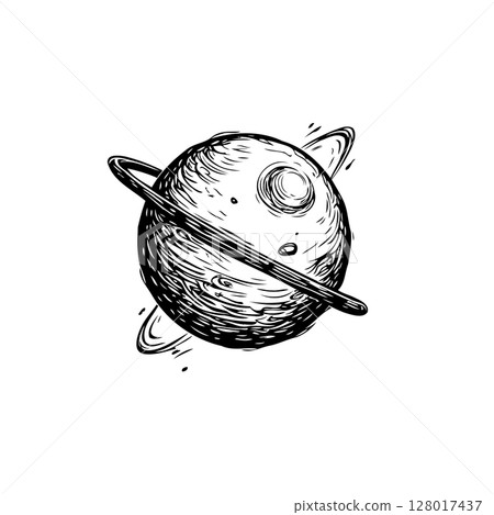 Monochrome ink drawing showcasing a stylized planet with prominent rings and craters Monochrome ink drawing showcasing a stylized planet with prominent rings and craters 128017437