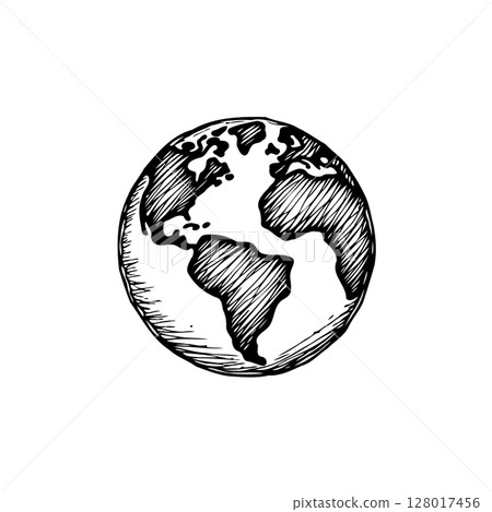 Hand-drawn globe illustration showcasing continents in a minimalist black and white design 128017456