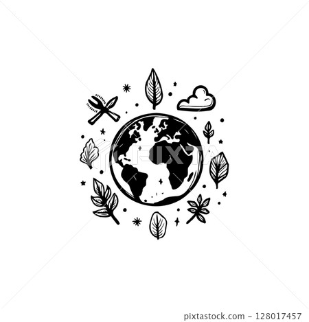 Sustainable planet: Earth surrounded by leaves symbolizes eco-friendly practices and nature 128017457