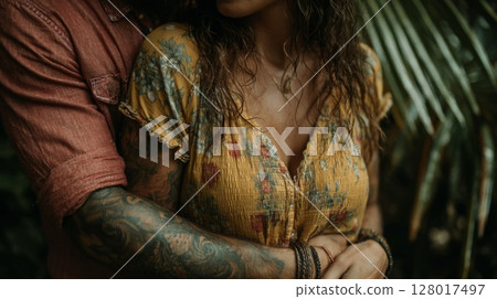 Romantic Couple Embracing in the Rain 128017497