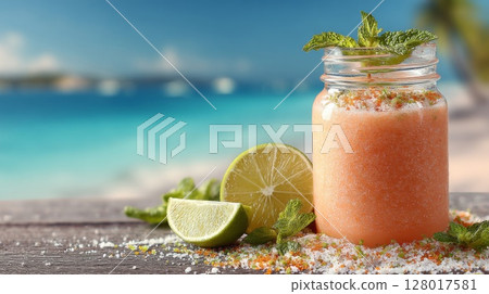 Refreshing Orange Smoothie on Tropical Beach 128017581