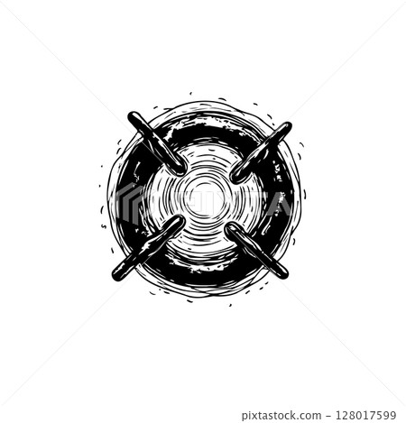 Stylized gas stove burner illustration with a rough, hand-drawn aesthetic design 128017599