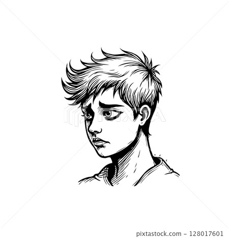 Black and white illustration of a sad and thoughtful young person 128017601