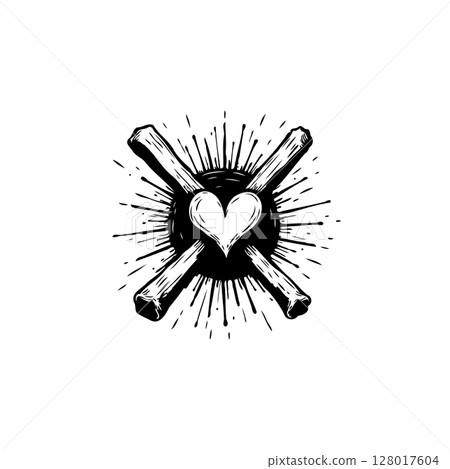 Vintage style illustration of heart symbol with bones and sunburst effect on white Vintage style illustration of heart symbol with bones and sunburst effect on white 128017604
